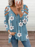 V-Neck Zipper Off-Shoulder Long Sleeve Floral T-Shirt Shopvhs.com