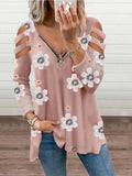 V-Neck Zipper Off-Shoulder Long Sleeve Floral T-Shirt Shopvhs.com