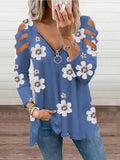 V-Neck Zipper Off-Shoulder Long Sleeve Floral T-Shirt Shopvhs.com