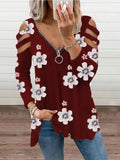 V-Neck Zipper Off-Shoulder Long Sleeve Floral T-Shirt Shopvhs.com