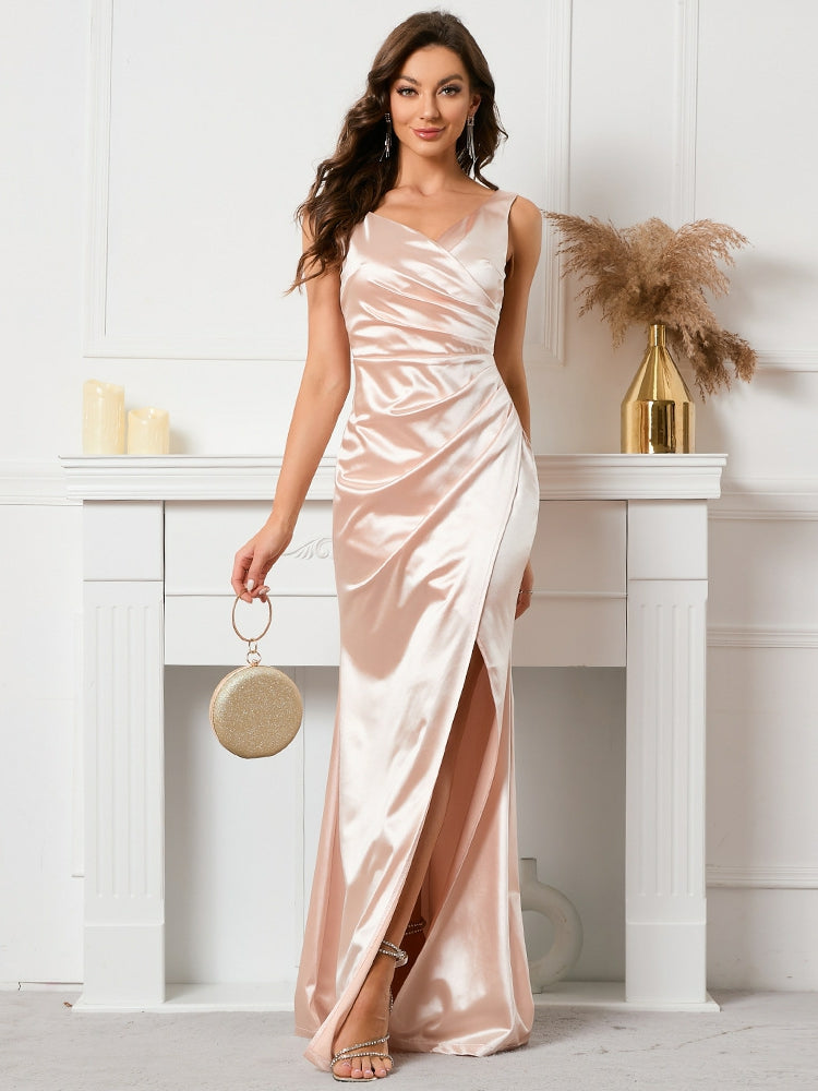 V-neck Ruffled Slit Evening Dress Shopvhs.com