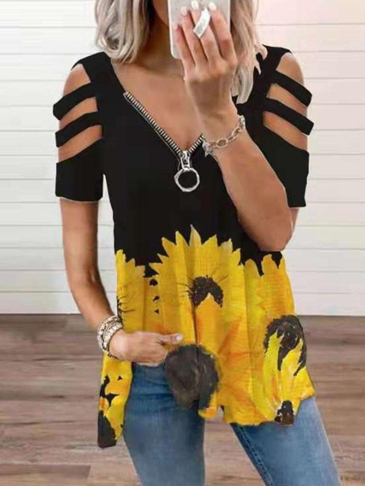 V-neck Zipper Cutout Short Sleeve Sunflower T-shirt Shopvhs.com