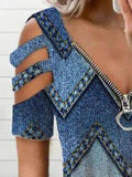 V-neck Zipper Geometric Print T-shirt Shopvhs.com
