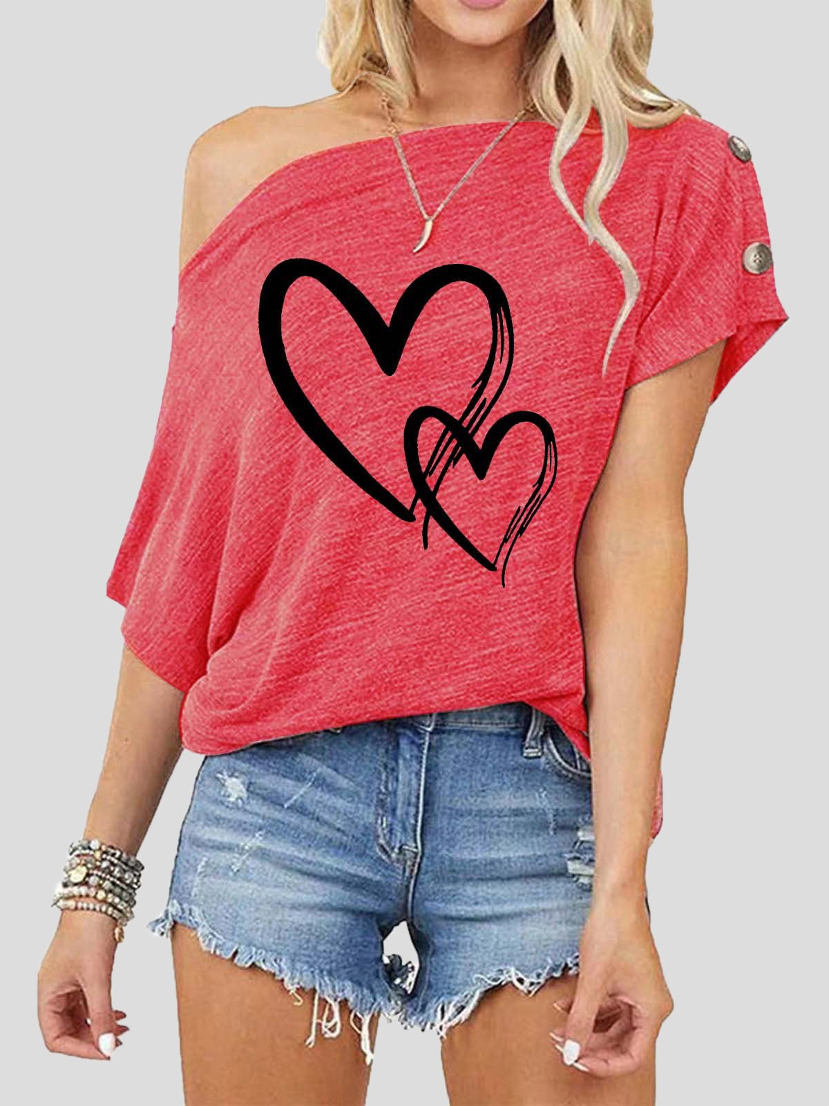 Valentine's Day Print One-Shoulder Short Sleeve T-Shirt Shopvhs.com