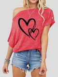 Valentine's Day Print One-Shoulder Short Sleeve T-Shirt Shopvhs.com
