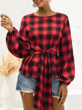 Vintage Plaid Belted Long Sleeve Blouse Shopvhs.com