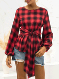 Vintage Plaid Belted Long Sleeve Blouse Shopvhs.com