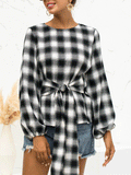 Vintage Plaid Belted Long Sleeve Blouse Shopvhs.com