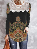 Vintage Print Lace Panel Long Sleeve T-Shirt Shopvhs.com
