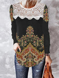 Vintage Print Lace Panel Long Sleeve T-Shirt Shopvhs.com
