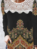 Vintage Print Lace Panel Long Sleeve T-Shirt Shopvhs.com