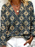 Vintage Print V-Neck Long Sleeve Blouse Shopvhs.com