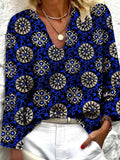 Vintage Print V-Neck Long Sleeve Blouse Shopvhs.com