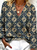Vintage Print V-Neck Long Sleeve Blouse Shopvhs.com