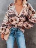 Vintage Printed V-Neck Button Cardigan Sweater Shopvhs.com