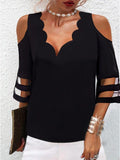 Wavy V-Neck Off-Shoulder Short Sleeve T-Shirt Shopvhs.com