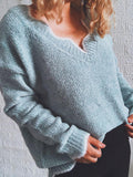 Wavy V-Neck Solid Pullover Long Sleeve Sweater Shopvhs.com