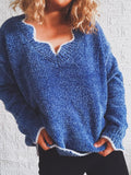 Wavy V-Neck Solid Pullover Long Sleeve Sweater Shopvhs.com