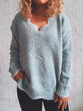 Wavy V-Neck Solid Pullover Long Sleeve Sweater Shopvhs.com