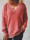 Wavy V-Neck Solid Pullover Long Sleeve Sweater Shopvhs.com