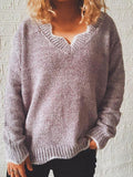 Wavy V-Neck Solid Pullover Long Sleeve Sweater Shopvhs.com