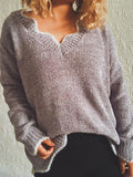 Wavy V-Neck Solid Pullover Long Sleeve Sweater Shopvhs.com