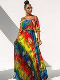 Off Shoulder Colorful Ombre Pleated Maxi Dresses