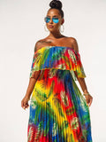 Off Shoulder Colorful Ombre Pleated Maxi Dresses