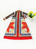 Long Sleeves Totem Pattern Belted Midi Dresses