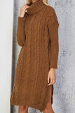 High Neck Cable Knit Slit Sweater Dress