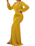 V Neck Long Sleeve Ruched Maxi Dresses