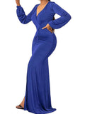 V Neck Long Sleeve Ruched Maxi Dresses