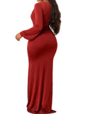 V Neck Long Sleeve Ruched Maxi Dresses