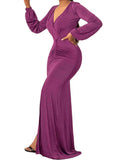 V Neck Long Sleeve Ruched Maxi Dresses