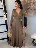 Deep V Neck Ruched Long Sleeve Slit Maxi Dress