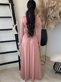 Deep V Neck Ruched Long Sleeve Slit Maxi Dress