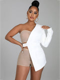 3 Pieces Rhinestone Mesh Tube Top+Blazer+Shorts Sets