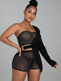 3 Pieces Rhinestone Mesh Tube Top+Blazer+Shorts Sets