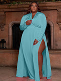 Plus Size Solid Color Long Sleeve High Split Maxi Dresses