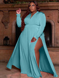 Plus Size Solid Color Long Sleeve High Split Maxi Dresses