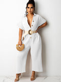 Short Sleeves Button Down Jumpsuits with Pockets