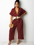 Short Sleeves Button Down Jumpsuits with Pockets