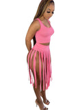 2 Piece Solid Color Tank Top+Tassels Skirt Sets