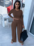 Two Piece Long Sleeve Crop Top Wide Leg Pant Sets