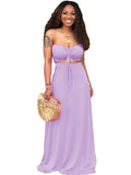 2 Pieces Strapless Crop Top+Solid Color Maxi Dresses