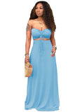 2 Pieces Strapless Crop Top+Solid Color Maxi Dresses