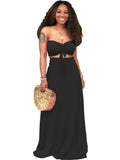 2 Pieces Strapless Crop Top+Solid Color Maxi Dresses