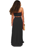 2 Pieces Strapless Crop Top+Solid Color Maxi Dresses