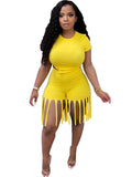 2 Piece Plus Size Knot Front Short Sleeve Tops Tassels Shorts