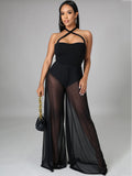 Halter Neck Strap Sheer Mesh Wide Leg Jumpsuits